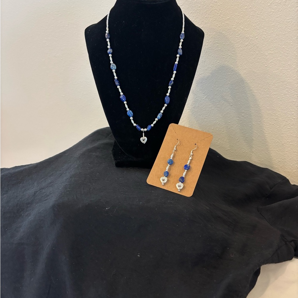 Elegant Authentic Lapis Lazuli and Sterling Silver Necklace and Earring Set.